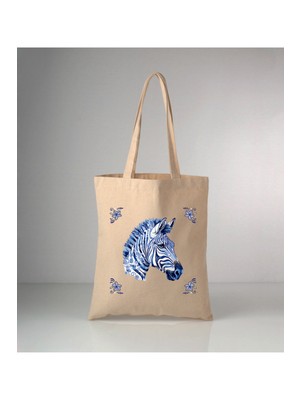 Giftora Özel Seri Delft Blue Zebra Baskılı Ham Bez Omuz Çantası