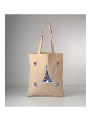 Giftora Özel Seri Delft Blue Eiffel Kulesi Baskılı Ham Bez Omuz Çantası