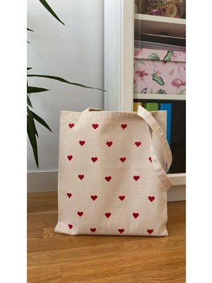 Giftora Kalpli Kanvas Kalp Baskılı Bez Çanta 38X42 cm