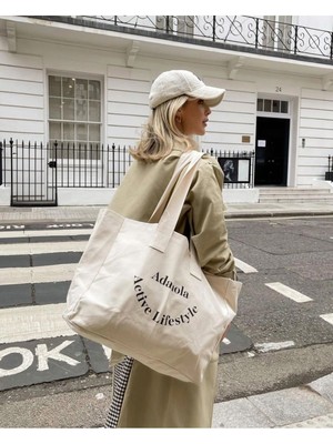 Giftora Kanvas Çanta Baskılı Günlük Spor Plaj Çantası Krem Rengi