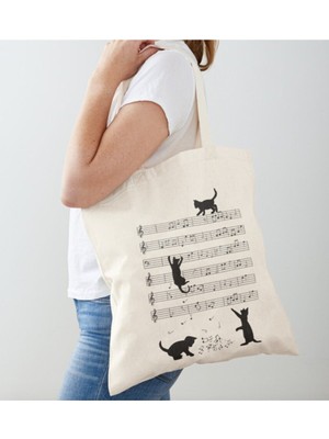 Giftora Müzik Notası Kediler Tasarımlı Ham Be