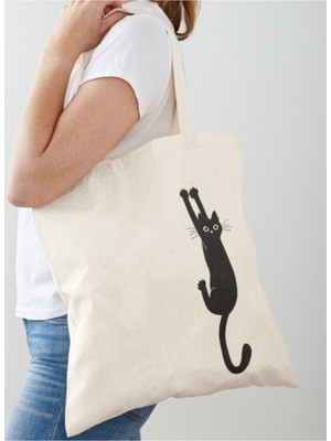 Giftora Tırmalayan Siyah Kedi Tasarımlı Ham Bez Omuz Çantası