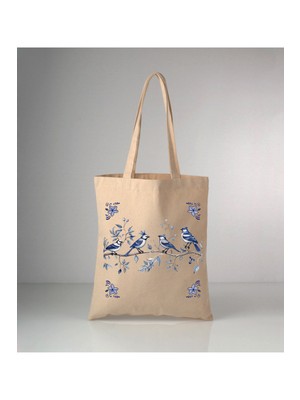 Giftora Özel Seri Delft Blue Kuşlar Baskılı Ham Bez Omuz Çantası
