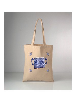 Giftora Özel Seri Delft Blue Bardağı Baskılı Ham Bez Omuz Çantası