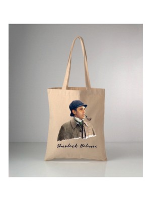 Giftora Sherlock Holmes Baskılı Ham Bez Omuz Çantası 35X40 cm