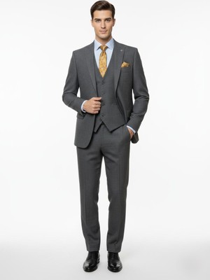 Presto Erkek Slimfit Armürlü 6 Drop Yelekli Takım Elbise Siyah 786-011