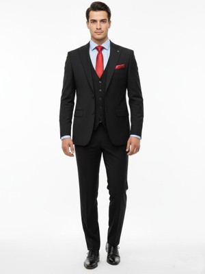 Presto Erkek 6 Drop Yelekli Slim Takım Elbise  Siyah 581-001