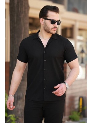 Marsilyan- Erkek Ottoman Kumaş Apaj Yaka Kısa Kollu Gömlek