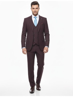 Presto Erkek Armürlü 6 Drop Kruvaze Yelekli Slim Takım Elbise Bordo 773-800