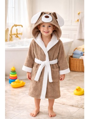 Ely Parker Kapşonlu Çocuk Bornoz Pamuklu Köpek Su Emici Kahverengi