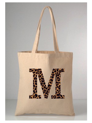 Giftora Leopar Desenli M Harfi Baskılı Ham Bez 35X40 Ekru Omuz Çantası