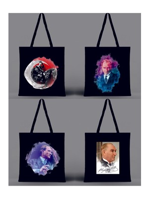 Giftora 4 Adet Tasarımız Olan Atamız Gazi Mustafa Kemal Atatürk Baskılı Ham Bez 35X40 Siyah Omuz Çantası