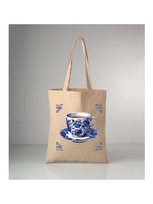Giftora Özel Seri Delft Blue Kahve Fincanı Baskılı Ham Bez Omuz Çantası