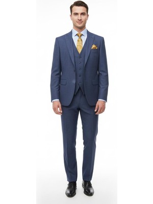 Presto Erkek Slimfit Armürlü 6 Drop Yelekli Takım Elbise Lacivert 786-250