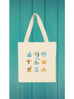 Giftora Plaj Temalı Baskılı %100 Pamuk Gabardin Bez Çanta