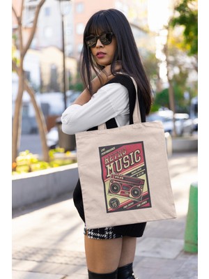 Giftora Retro Music Baskılı Bez Çanta