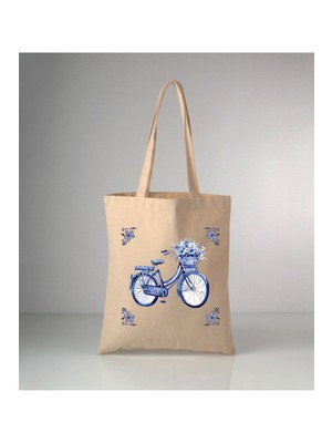 Giftora Özel Seri Delft Blue Bisiklet Baskılı Ham Bez Omuz Çantası