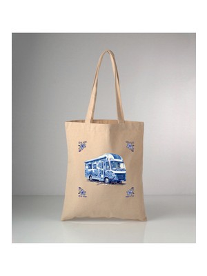 Giftora Özel Seri Delft Blue Karavan Baskılı Ham Bez Omuz Çantası