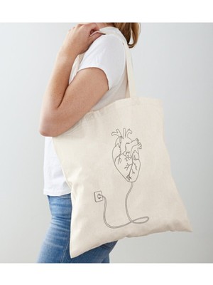 Giftora Kalp Baskılı Ham Bez Omuz Çantası