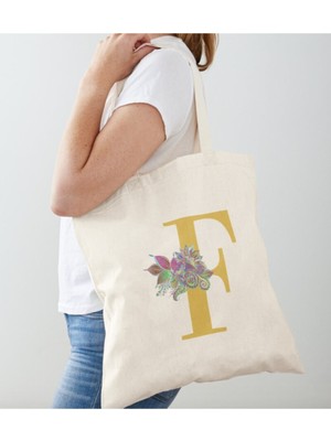 Giftora F Harfi Gold Tasarımlı Ham Bez Omuz