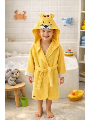 Ely Parker Kız Erkek Çocuk Bornoz Kapşonlu Pamuklu Aslan Hayvan Nakışlı