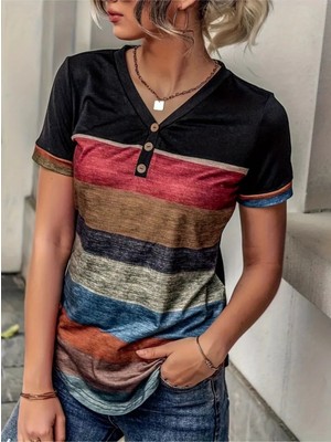 Marsilyan- Kadın Kısa Kollu V Yakalı Düğmeli Çok Renkli Süprem Bluz