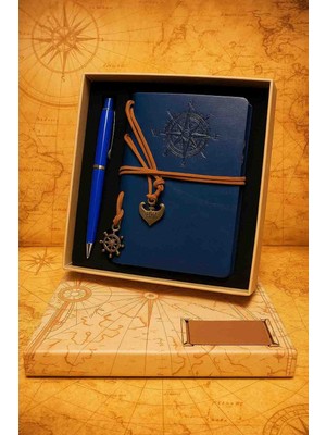 Wolawood Vintage Deri Kapaklı Pusula Tasarımlı Kraft Eskitme Sayfa Spiralli Çizgisiz Bağcıklı Mavi Retro Defter & Touchpen Tükenmez Kalem Özel Kutulu Hediyelik Set