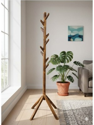 Mavera Sanat 58 Ahşap Ayaklı Askılık Portmanto Modern Elbise Askısı Konfeksiyon 175 cm Naturel Ceviz