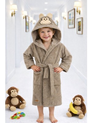 Ely Parker Kapşonlu Çocuk Bornoz  Pamuklu Su Emici Maymun Erkek Kız