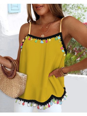 Marsilyan- Kadın Ip Askılı Püskül Detaylı Sandy Bluz