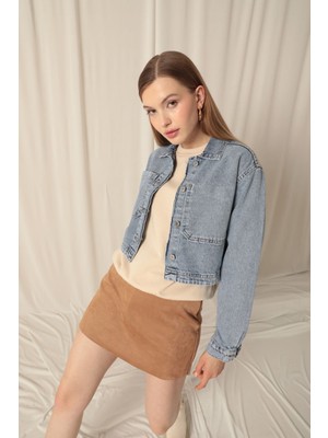 End Black Store Denim Kumaş Ters Cep Mavi Kadın Ceket