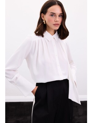 Sateen Fularlı Gömlek - Ekru