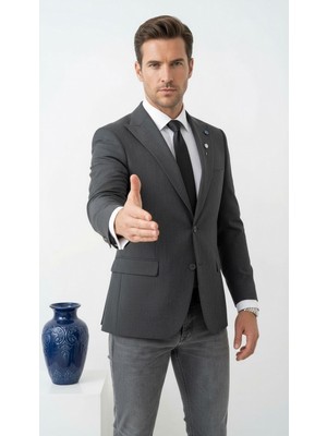 Plus Scorpion Erkek Blazer Ceket Twill Puntolu Kırlangıç Yaka 2 Düğmeli Çift Yırtmaçlı Slim Fit