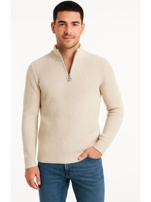 Marsilyan- Erkek Yarım Fermuarlı Triko Kazak – Selanik Örgü, Dik Yaka, Pamuklu Dokuma, Regular Fit Uzun Kollu Kışlık Model - Bej