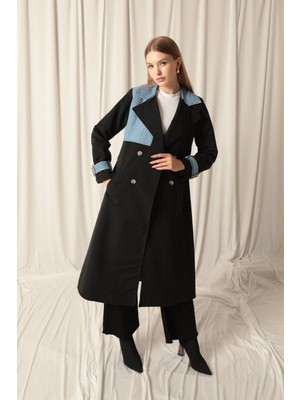 End Black Store Torino Kumaş Kot Garnili Siyah Kadın Trençkot