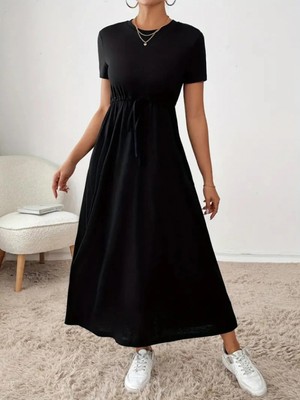 Marsilyan- Kadın Kısa Kollu Bisiklet Yaka Belden Bağcıklı Cepli Viskon Elbise