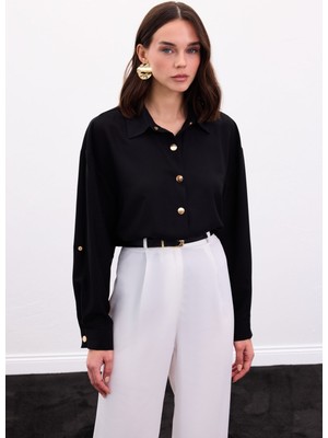 Sateen Çıtçıt Detaylı Gömlek - Siyah