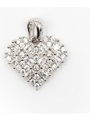Sose Moda Zirkon Taşlı Kalp Model Kolye Ucu Gümüş – 1.8 Cm, Mıhlama Işçilik