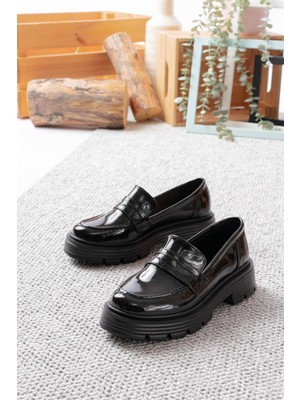 Asmi Shoes Kadın Mira Siyah Rugan Loafer Günlük Ayakkabı  Siyah Rugan
