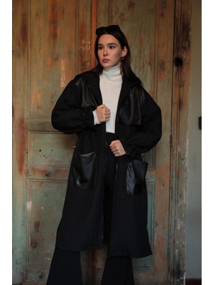 End Black Store Deri Garnili Jakar Kumaş Siyah Kadın Trençkot