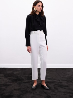 Sateen Kemerli Pantolon - Ekru