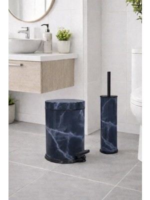 Sas Haus Lacivert Mermer Desenli 2'li Banyo Seti - Metal Çöp Kovası 3 Lt ve Wc Fırçası Takımı