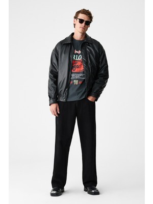 Grimelange Davıdson Erkek Baskılı %100 Organik Pamuklu Bisiklet Yaka Oversize Uzun Kollu Antrasit T-Shirt