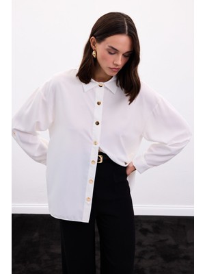 Sateen Çıtçıt Detaylı Gömlek - Ekru