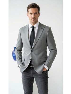 Plus Scorpion Erkek Blazer Ceket Twill Puntolu Kırlangıç Yaka 2 Düğmeli Çift Yırtmaçlı Slim Fit