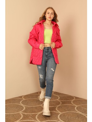 End Black Store Kapitone Kumaş Çift Dikiş Desenli Fuşya Kadın Mont