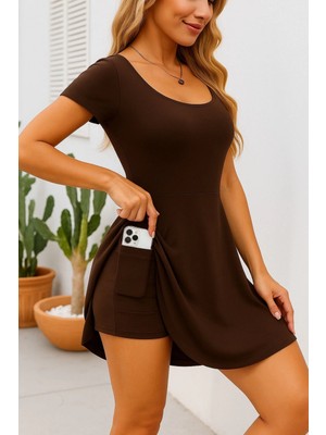 Marsilyan- Kadın Kısa Kollu Kare Yaka Short Detaylı Cepli Dalgıç Elbise