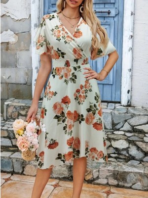 Marsilyan- Kadın Kısa Kollu Kruvaze Yakalı Desenli Süprem Kısa Elbise