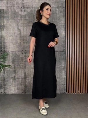 Marsilyan- Kadın Kısa Kollu Bisiklet Yaka Yırtmaçlı Viskon Iki Iplik Elbise