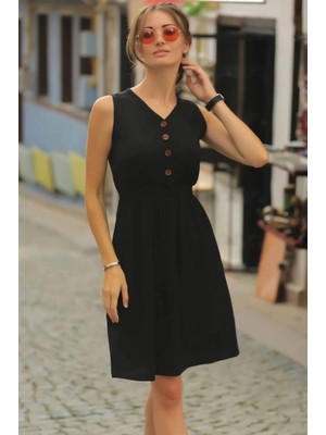 Marsilyan- Kadın V Yakalı Önden Düğme Detay Beli Lastikli Keten Kısa Elbise